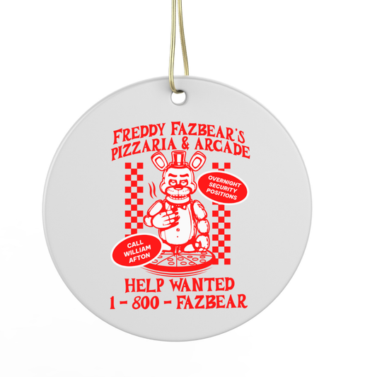 The image is a circular ornament featuring a cartoon image of a bear, with text advertising a pizza and arcade restaurant.