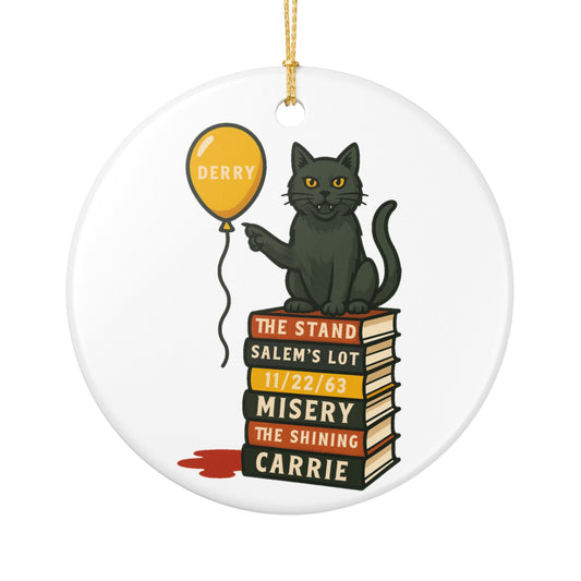 Horror Novel Stack Ceramic Ornament — Black Cat with 'Derry' Balloon