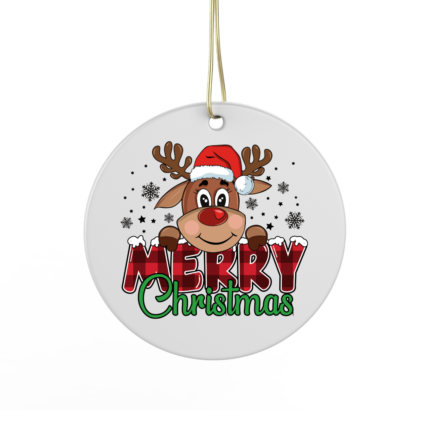 A white circular ornament with a cartoon reindeer wearing a Santa hat and the text "MERRY CHRISTMAS" written on it.