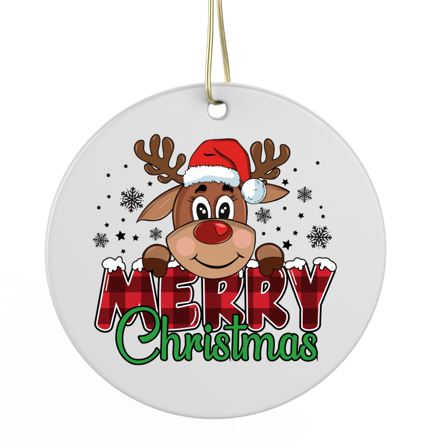 A white circular ornament with a cartoon reindeer wearing a Santa hat and the text "MERRY CHRISTMAS" written below it.