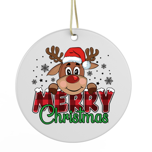 A white circular ornament with a cartoon reindeer wearing a Santa hat and the text "MERRY CHRISTMAS" written below it.